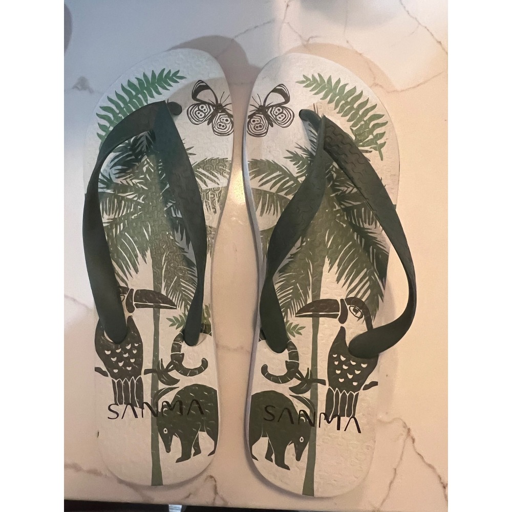 Sanma Grendene Tropical Jungle Flip Flops Green Toucan Palm Tree Sandals Mens 10